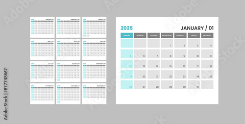 Minimal 2025 calendar, 2025 calendar week starts Monday corporate design template. Desk calendar 2025. Planning calendar.