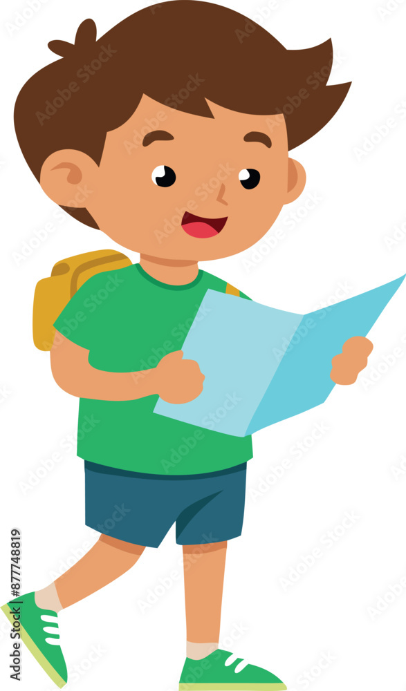 Boy with backpack and map, confidently exploring and navigating Boy with backpack and map, confidently exploring and navigating