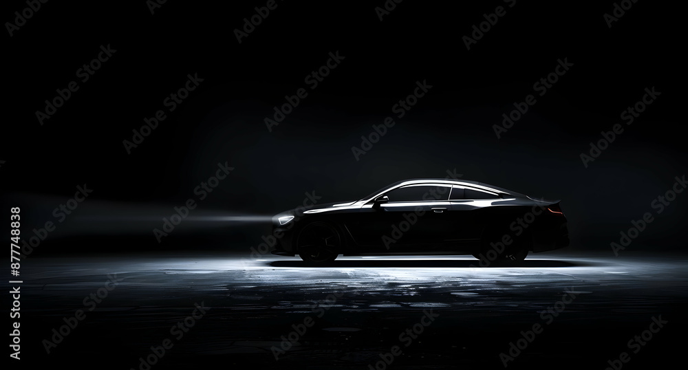 Obraz premium Sleek black car in dramatic lighting, showcasing modern design and elegance against a dark background in a moody atmosphere.