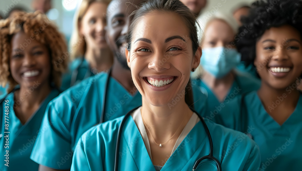 Fototapeta premium Smiling medical professionals in scrubs, representing teamwork and healthcare dedication.
