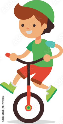 Cheerful boy riding a unicycle in colorful clothes and a green helmet