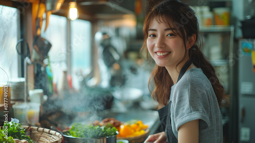 カウンターキッチンで料理をする女性
