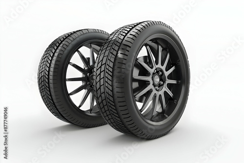 Two black car tires with alloy wheels isolated on white background, showcasing detailed tread patterns and modern wheel design. © sornram