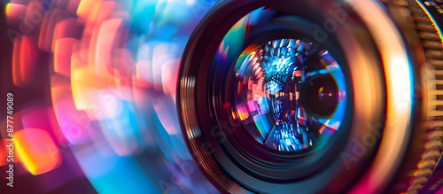 Vibrant close-up of a camera lens with colorful reflections and bokeh effect, capturing the essence of photography and creativity.