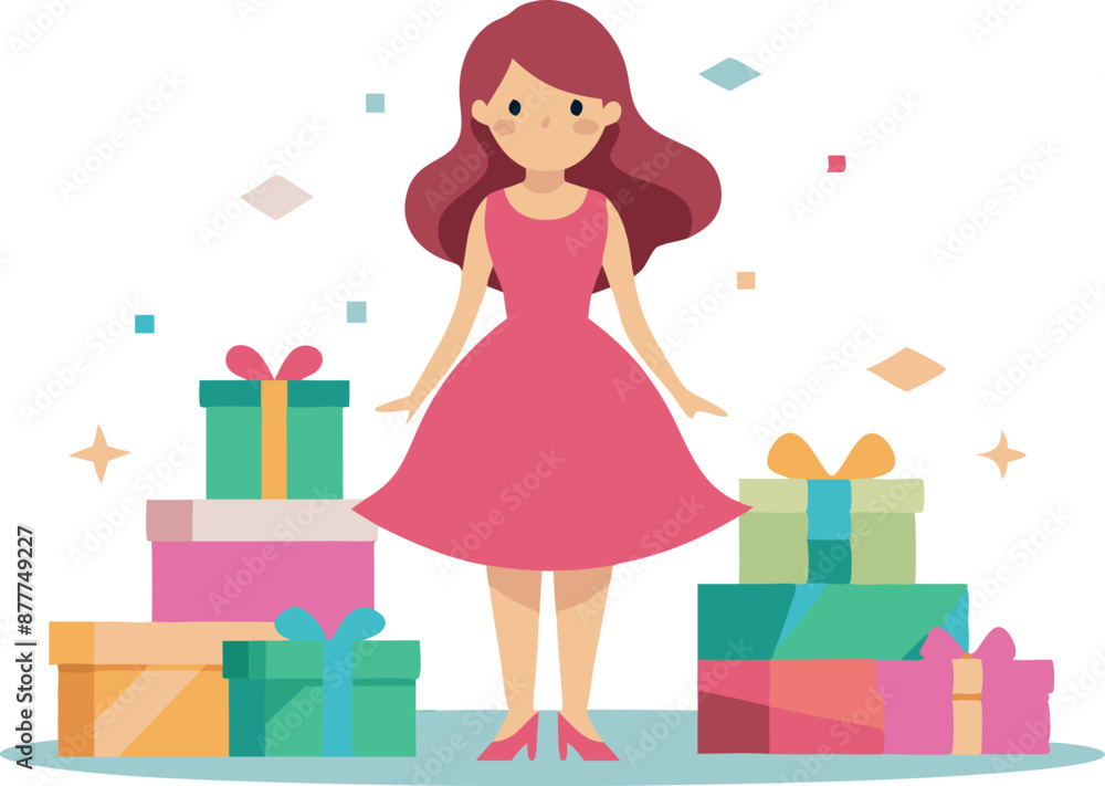 Girl in pink dress with many presents, joyful festive scene illustration Girl in pink dress with many presents, joyful festive scene illustration