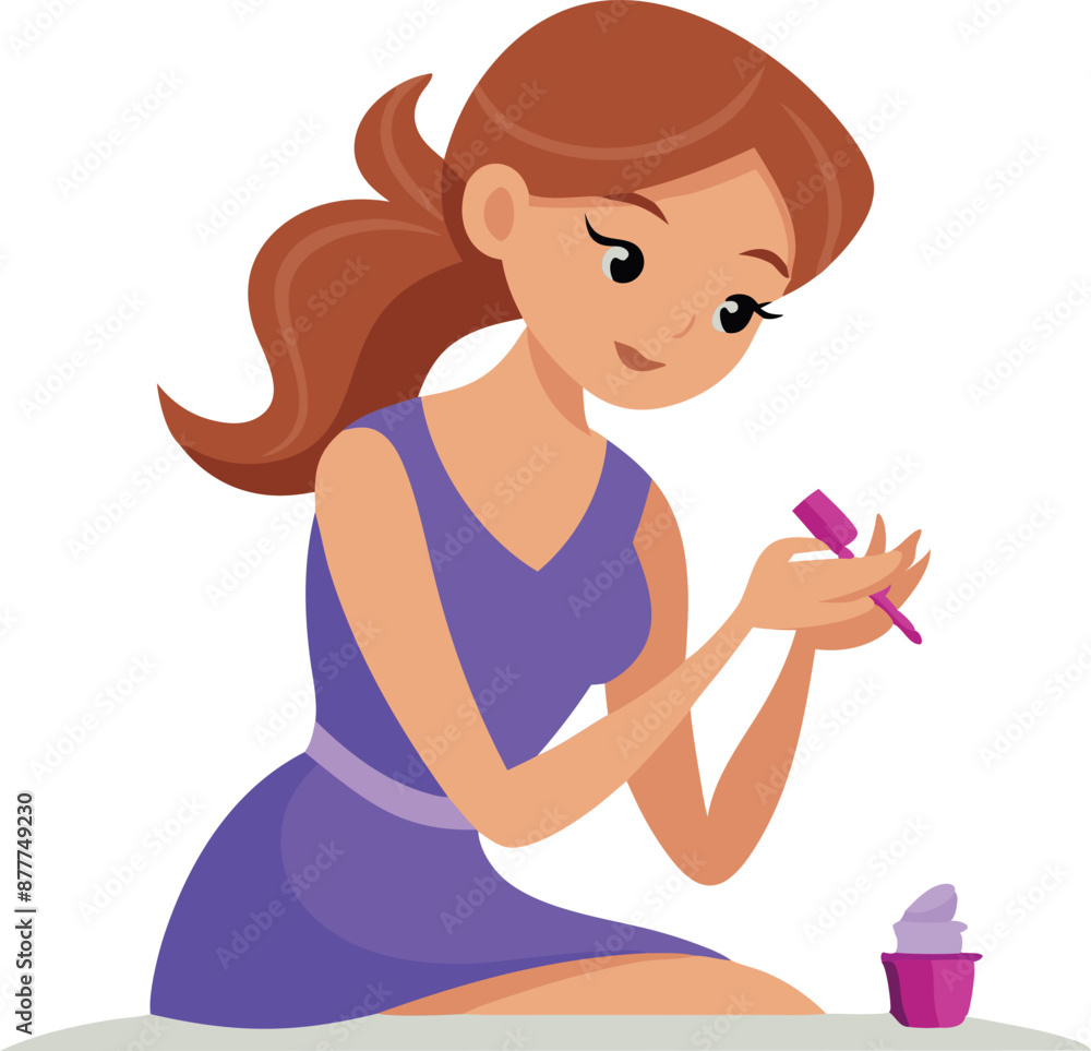 Girl in purple dress painting nails, relaxed self-care illustration Girl in purple dress painting nails, relaxed self-care illustration