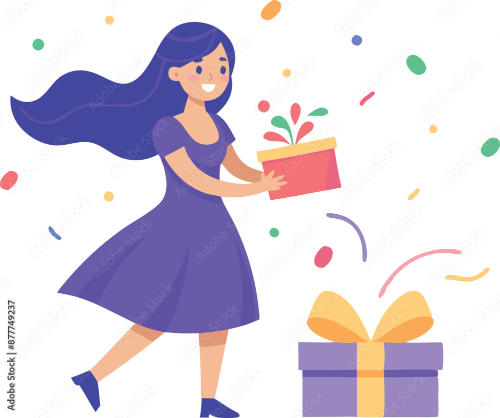 Girl in purple dress with confetti holding gift, festive celebration illustration Girl in purple dress with confetti holding gift, festive celebration illustration