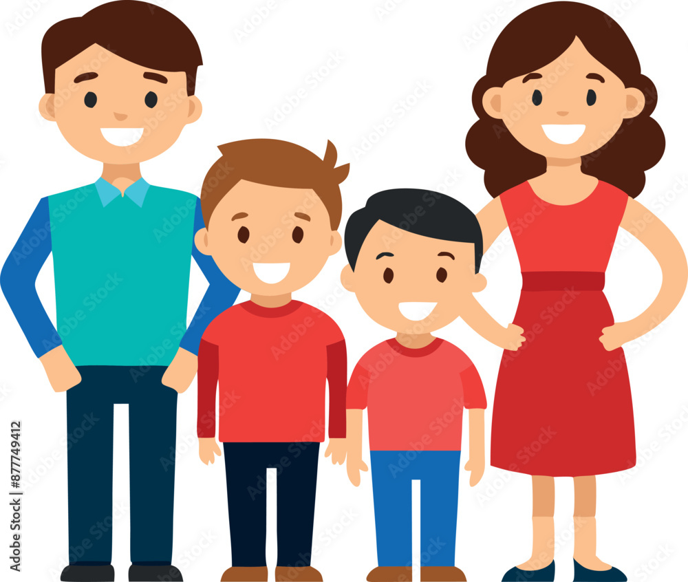 Smiling family with two sons, warm and loving cartoon illustration Smiling family with two sons, warm and loving cartoon illustration