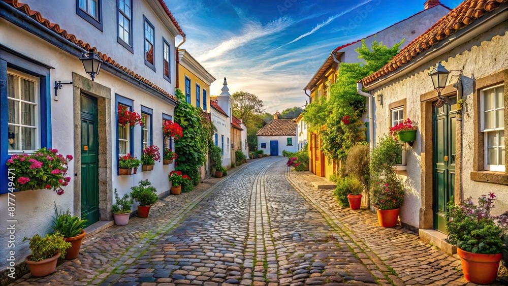 Obraz premium A charming cobblestone street in a quaint town on a picturesque island, cobblestone, street, town, island, charming