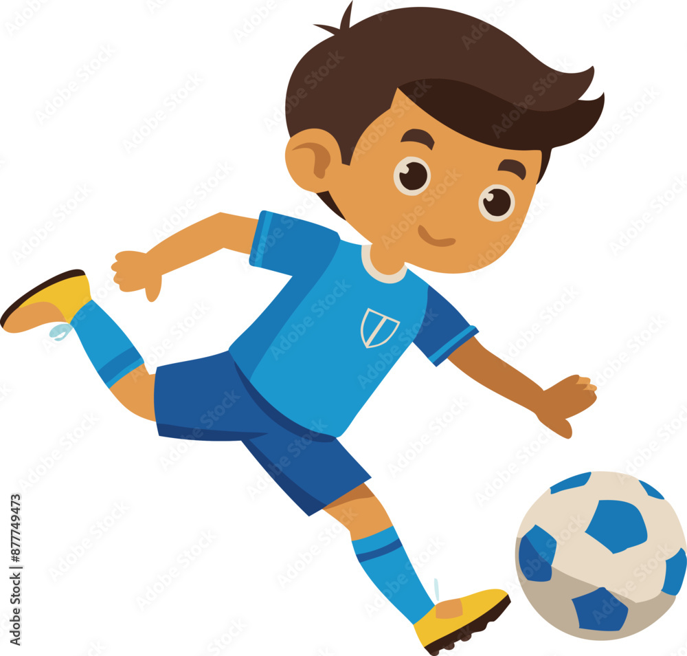 Boy in blue soccer uniform kicking ball, dynamic sports illustration Boy in blue soccer uniform kicking ball, dynamic sports illustration