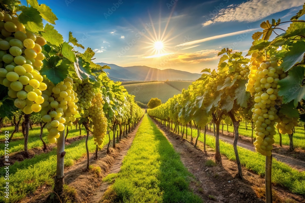 Fototapeta premium Serene landscape of lush green vineyard with neatly arranged rows of vines heavy with ripe, juicy grapes ready for harvest, basking in warm sunlight.