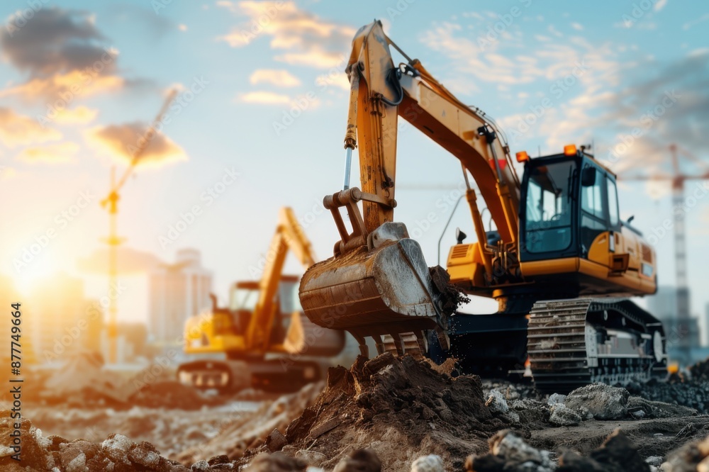 Excavator at a construction site with sunrise backdrop, heavy machinery in action, digging in urban project, building infrastructure, worksite. Excavator at a construction site with sunrise backdrop, heavy machinery in action, digging in urban project, building infrastructure, worksite.