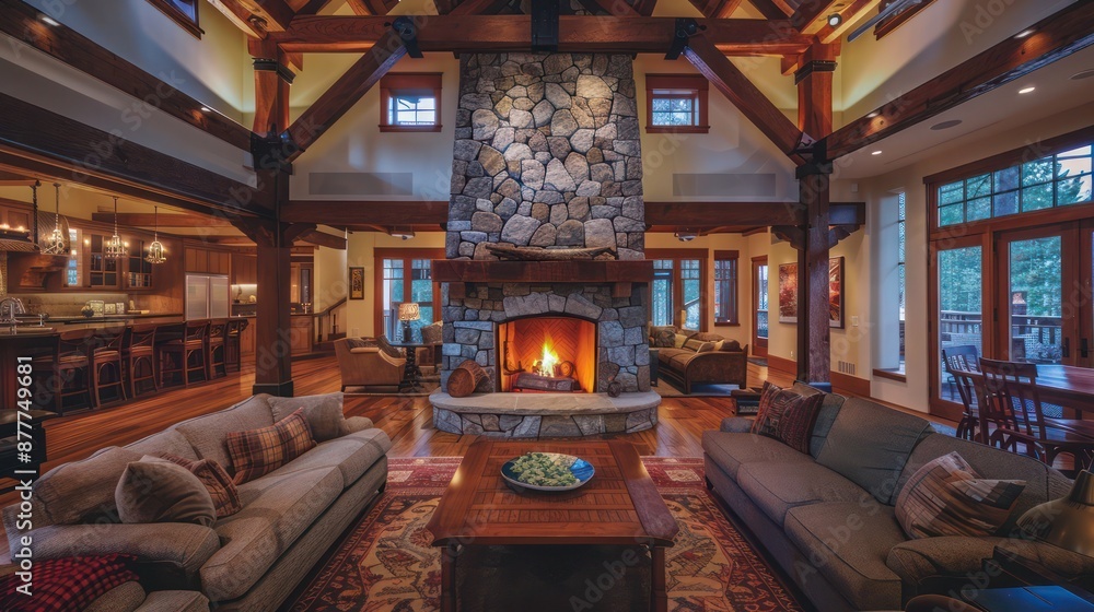 cozy Craftsman-style living room with a grand stone fireplace and rich wooden beams across the ceiling cozy Craftsman-style living room with a grand stone fireplace and rich wooden beams across the ceiling