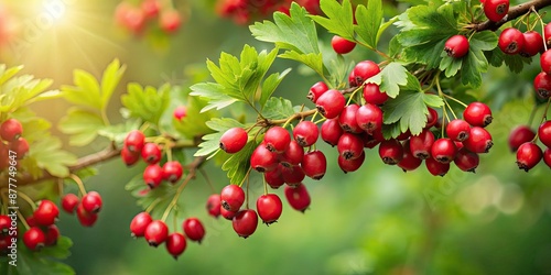 Realistic of Japanese Hawthorn , botanical, nature, plant, flower, garden, thorn, detailed, drawing, red, berries, tree, branches