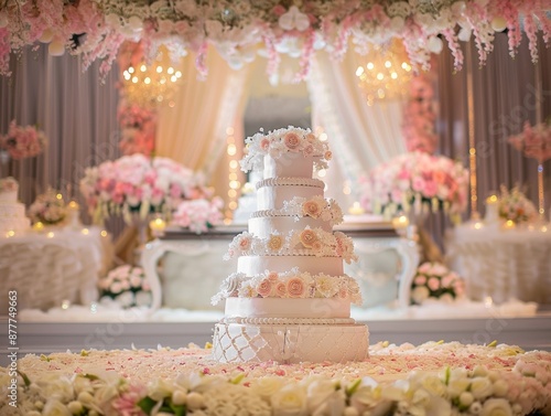 beautiful wedding cake with beautiful wedding altar at background - ai