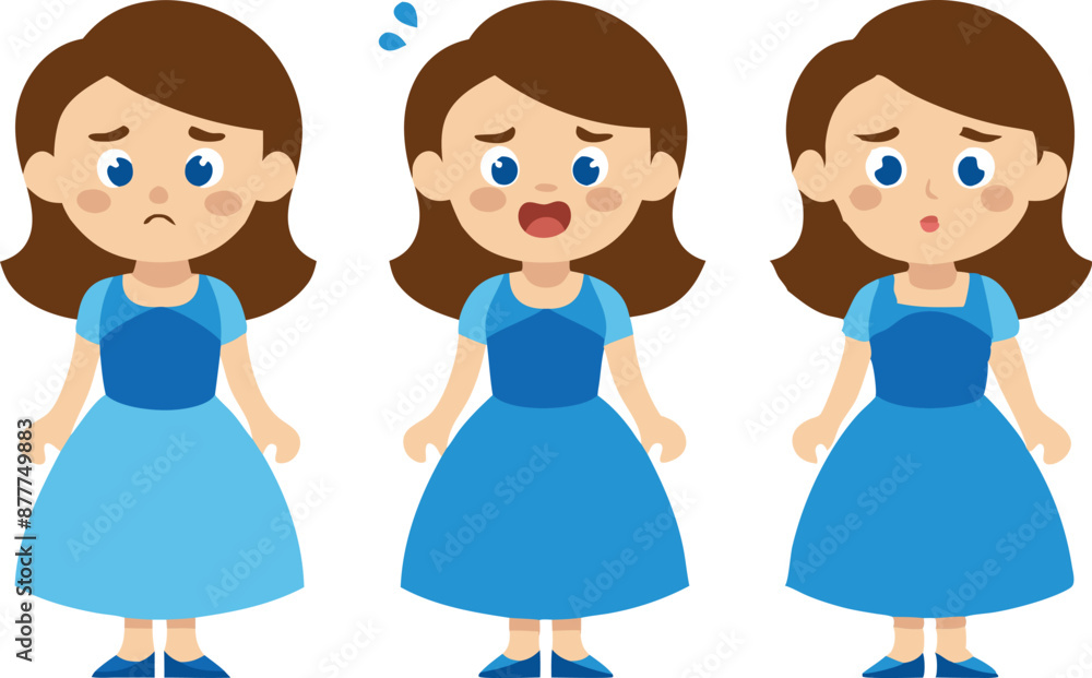 Three expressions of a girl in a blue dress: sad, shocked, worried Three expressions of a girl in a blue dress: sad, shocked, worried