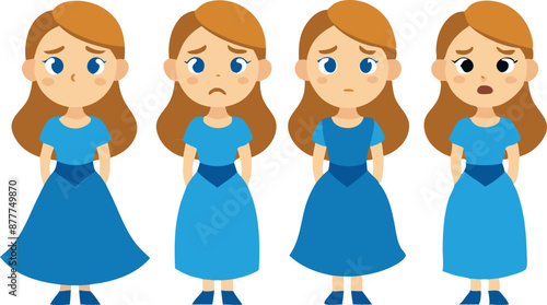 Four expressions of a girl in a blue dress: sad, worried, upset, surprised