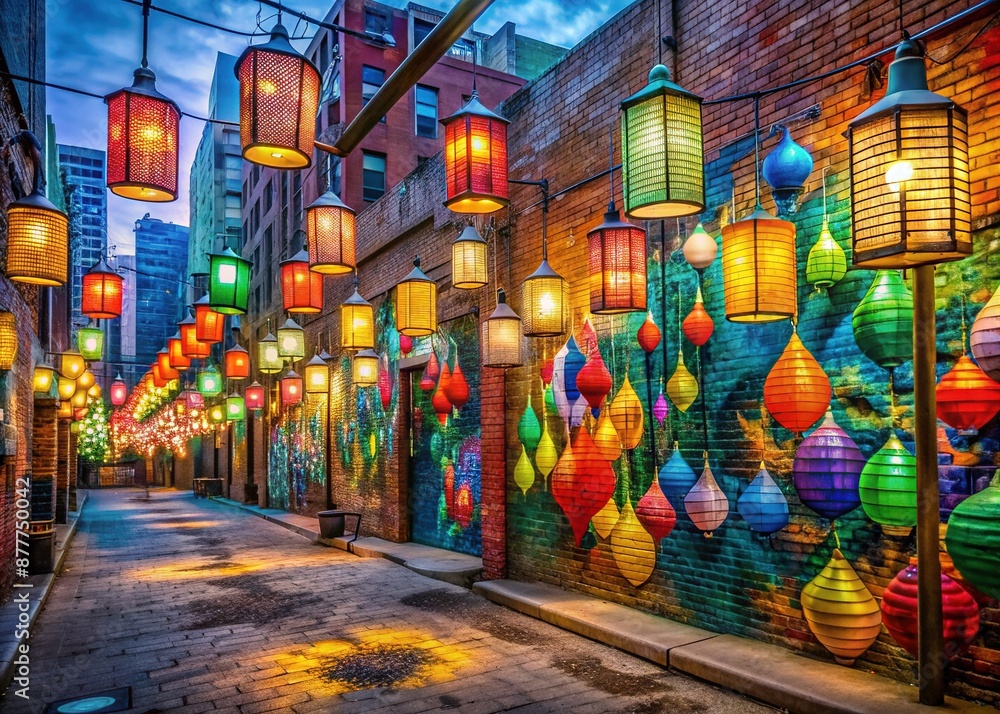 Fototapeta premium Colorful lanterns: Vibrant lanterns in various colors and shapes hang from a city street, casting a warm glow on the urban landscape at night
