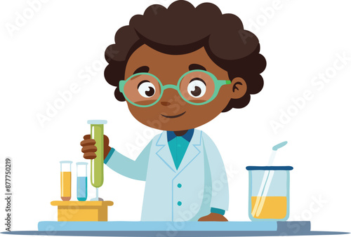 A young black boy wearing a lab coat and glasses is holding a test tube