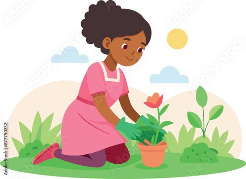 A young girl is planting a flower in a pot