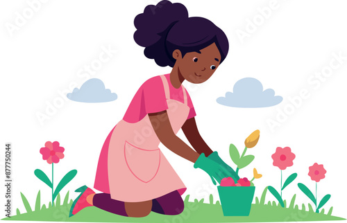 A young woman is kneeling in a garden, tending to a flower bed