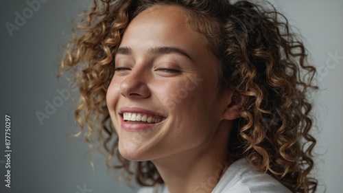 A joyful young woman with curly hair smiling brightly with closed eyes, radiating happiness against a plain background.
