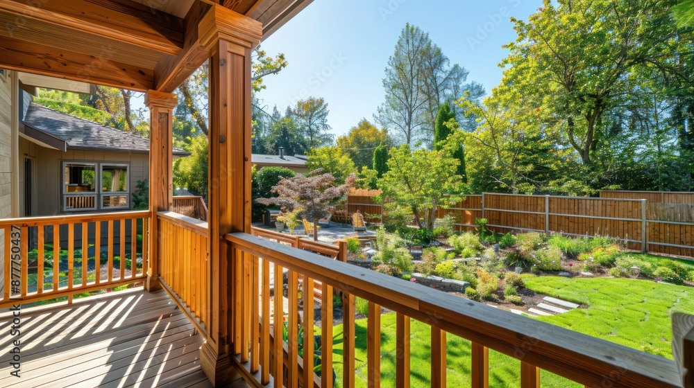 craftsman-style balcony with wooden railings and a view of a meticulously landscaped backyard craftsman-style balcony with wooden railings and a view of a meticulously landscaped backyard