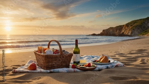 Charming beach picnic at sunset featuring a wicker basket, wine, and a variety of foods on a blanket by the sea.
