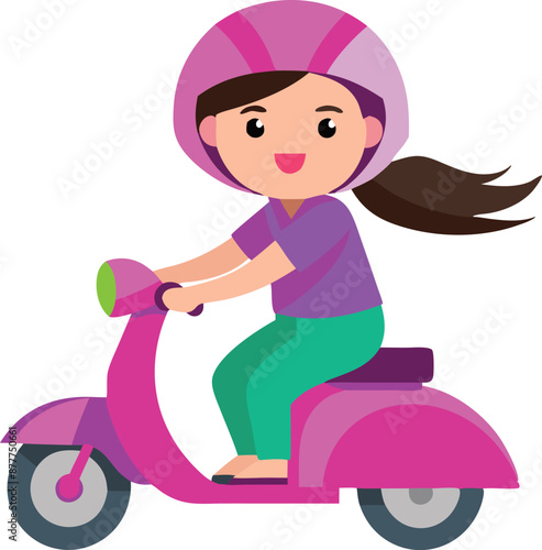 A girl is riding a pink scooter