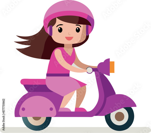 A girl is riding a pink scooter