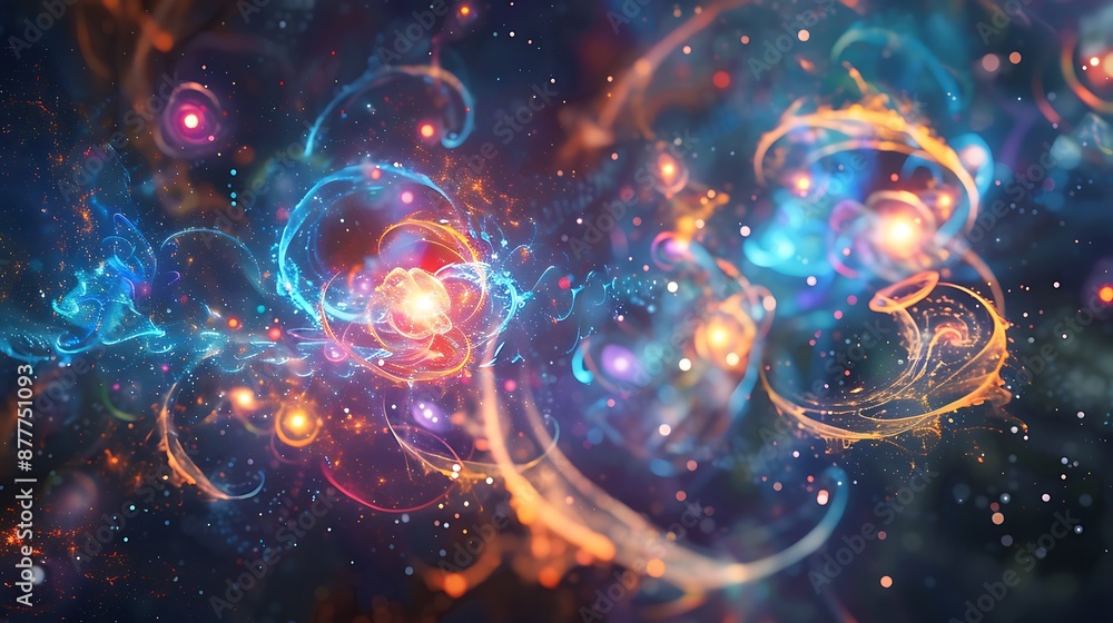 Abstract depiction of quantum particles interacting and shifting Abstract depiction of quantum particles interacting and shifting