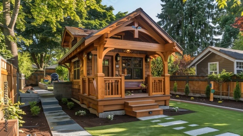 Craftsman-style childa??s playhouse with wooden construction and a mini porch, nestled in a backyard photo