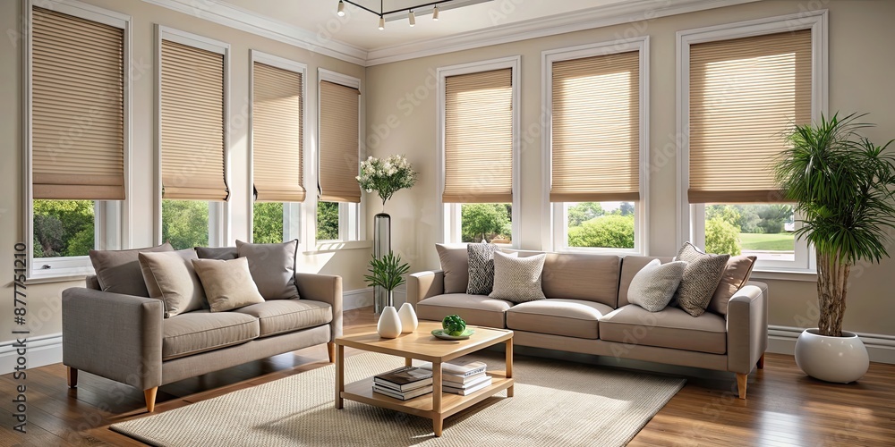 Fototapeta premium Beige blackout roller blind in a stylish modern living room with shutters on plastic windows, beige