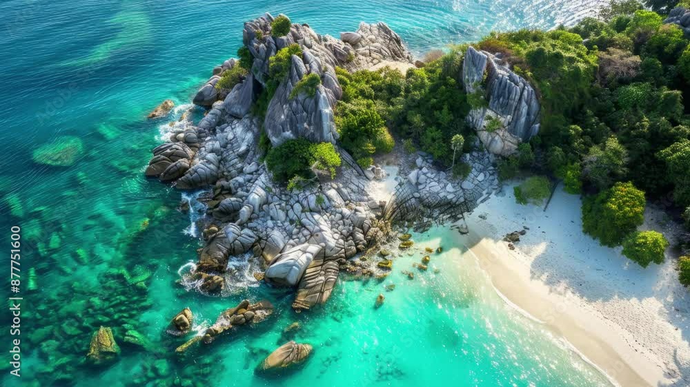 Beautiful nature landscape. Aerial of tropical rocky island, turquoise water and white sand beach Beautiful nature landscape. Aerial of tropical rocky island, turquoise water and white sand beach