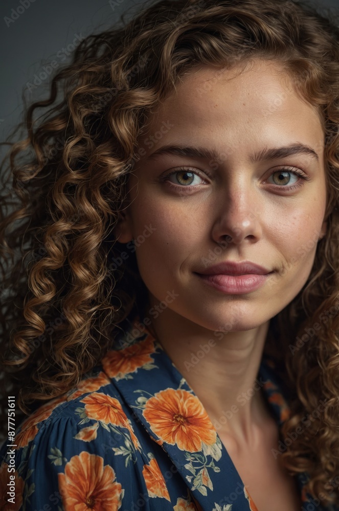 Portrait of a young woman with curly hair, wearing a floral dress, looking confidently at the camera against a dark background.
Portrait of a young woman with curly hair, wearing a floral dress, looking confidently at the camera against a dark background.
