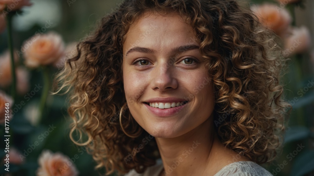 Portrait of a smiling young woman with curly hair, enjoying a garden filled with blooming flowers, radiating happiness and natural beauty.
Portrait of a smiling young woman with curly hair, enjoying a garden filled with blooming flowers, radiating happiness and natural beauty.