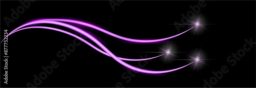 Neon glowing light effect with purple dynamic waves. Vector pink swirl fibre line, cyber data communication design, Fiber optic wave, electric impulse cable. isolated on transparent background