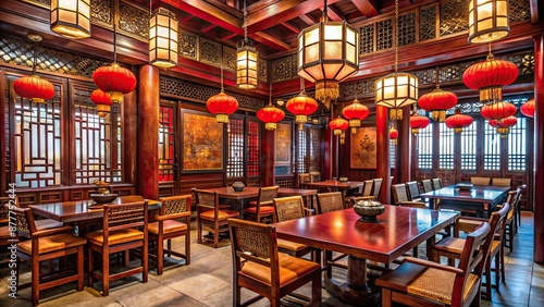 Interior of a traditional Chinese restaurant with red lanterns, wooden tables, and intricate decorations