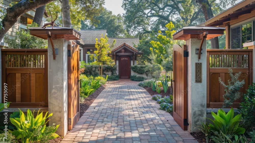 craftsman-style front yard with a custom wooden gate and a brick-lined walkway