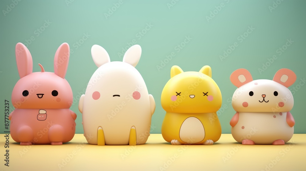 3D rendering of cute cartoon style animal characters isolated on pastel green background 3D rendering of cute cartoon style animal characters isolated on pastel green background