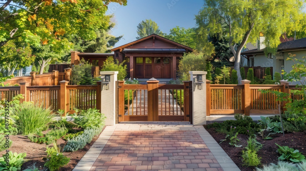 craftsman-style front yard with a custom wooden gate and a brick-lined walkway craftsman-style front yard with a custom wooden gate and a brick-lined walkway