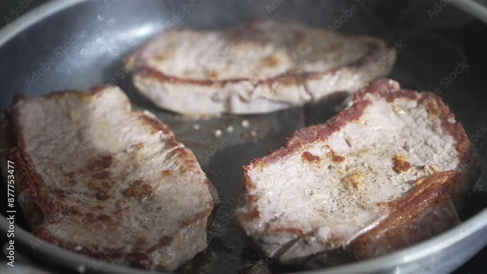 Cooked Pork Chops In Frying Pan With Steam - Home Cooking Meat To Perfection Cooked Pork Chops In Frying Pan With Steam - Home Cooking Meat To Perfection