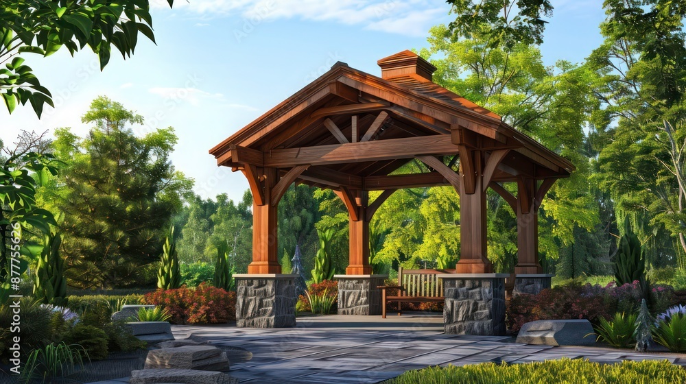 Craftsman-style gazebo with a wooden roof and stone columns, offering a shaded retreat with panoramic views of a garden Craftsman-style gazebo with a wooden roof and stone columns, offering a shaded retreat with panoramic views of a garden