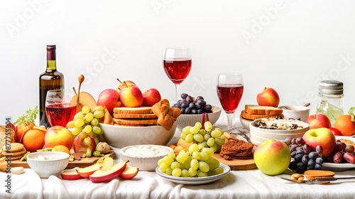 Fruits, Pastries, and Wine on Table by Window with White Wall and Curtain Background for the celebration of Jewish New Year Rosh Hashanah