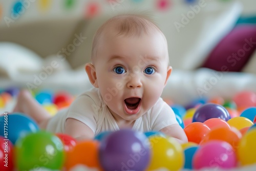Baby crawling among colorful balls, looking amazed
