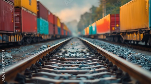 Rail tracks with colorful freight train containers, perspective shot with focus on tracks, industrial transportation concept. photo