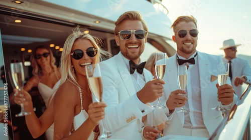 Cheers! Cropped image of group of friends relaxing on luxury yacht and drinking champagne. photo