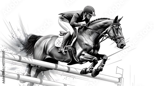 A whimsical ink illustration of a horse and rider jumping over a fence in a showjumping competition, for a sports coloring book