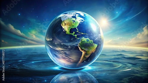 Futuristic planet earth in a crystal clear sphere surrounded of a modern world, planet, world, surrounded, earth, sphere, clear