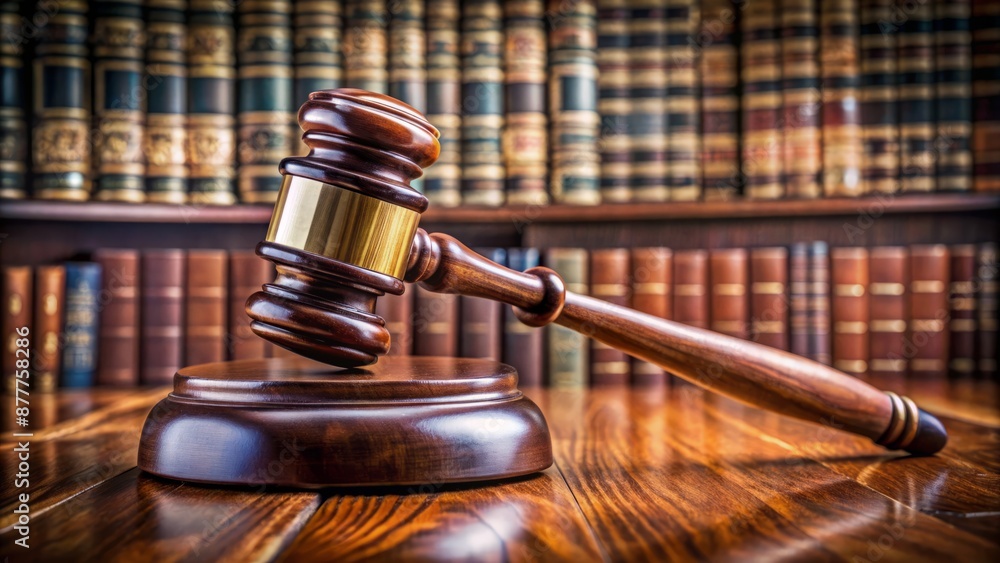 The Gavel Rests On The Judge'S Bench In Front Of A Law Library. The Gavel Rests On The Judge'S Bench In Front Of A Law Library.